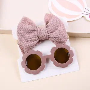2Pcs Hair Band Baby Hairbands Sunflower Sun Glasses Vintage UV400 Protection Kids Sunglasses with Bow