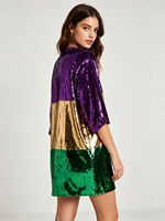 T-shirt à sequins à manches courtes, coloris violet, or et vert, haut scintillant pour défilé de carnaval, fête à thème ou costume