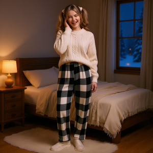 J797R Set Pigiama Lavorato a Maglia per Donna, Maniche Lunghe, Collo Tondo, Motivo a Quadri, Lunghezza Intera, Morbido Abbigliamento Invernale da Notte con Vita Elasticizzata - Product Image 2