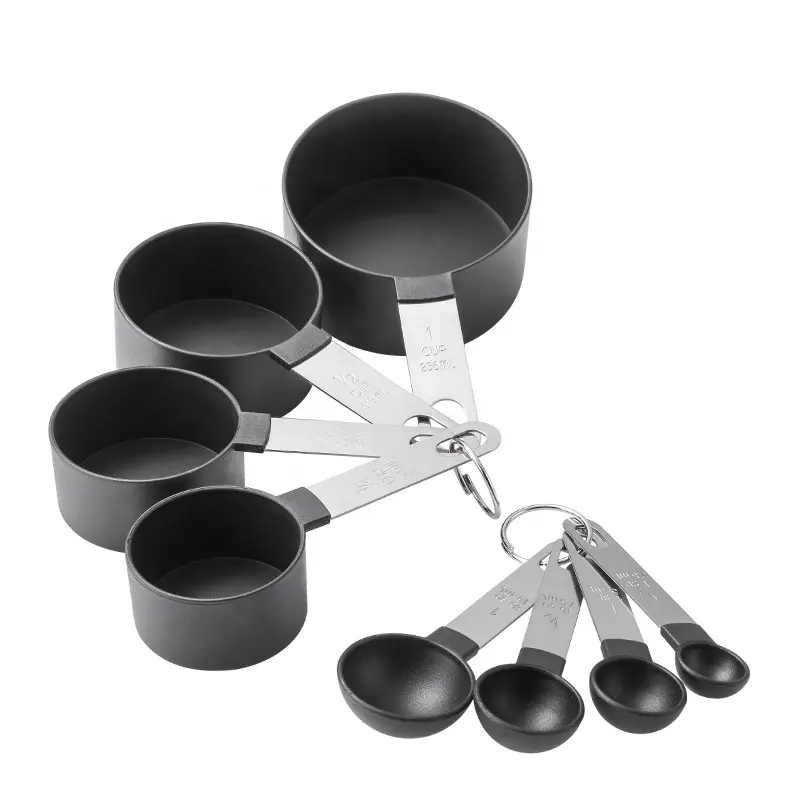 Backen Kochen Utensilien Edelstahlgriff PP-Material schwarze Messbecher und Löffel