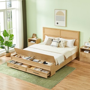 Lit de rangement en bois massif couleur bois naturel, taille double, avec coffre de rangement au pied du lit, pour enfants, adultes et personnes âgées - Product Image 2
