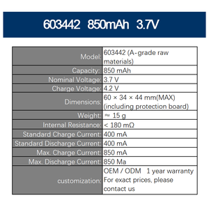 603442 850mAh <b>3.7V</b>(A-grade raw materials)Wholesale Lithium Polymer <b>Battery</b> Cell High Slim Rechargeable Lithium Polymer Cell - Product Image 2