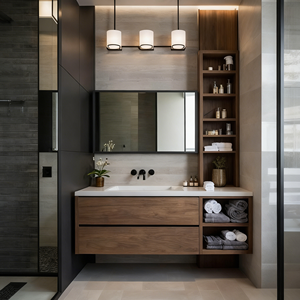 Mueble de Baño de Madera con Espejo LED, Conjunto de Muebles de Baño de Madera Maciza Impermeable, Diseño Moderno y Minimalista al Mejor Precio - Product Image 4