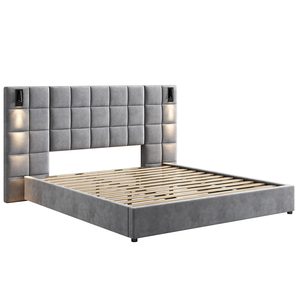 Modern King Bed with Reading Lamp &amp; <strong>USB</strong> <strong>Port</strong> <strong>Upholstered</strong> Wide <strong>Headboard</strong> in Grey Smart Bed Design - Product Image 1