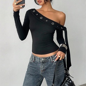 Blus & Kemeja Wanita Produk Tren 2026 Pakaian Wanita Musim Semi Blus Hitam Lengan Panjang Model Bahu Miring dan Atasan - Product Image 2