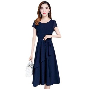 Summer Korean Style Solid Color A-line Dress Women Mid Length O Neck Patchwork Casual Daily Wear - Product Image 5