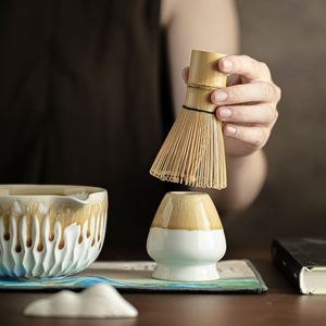 Traditional Matcha Ceremony Tool 8 Pcs Matcha White Turquoise Gradient Drizzle Textured Ceramic Bowl With Spout Matcha <b>Tea</b> <b>Set</b> - Product Image 3