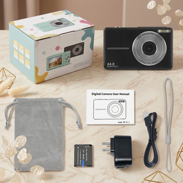 Compact Digital Camera FHD 1080P 44MP with 2.4" LCD Screen Anti-shake Portable Rechargeable Vlogging Camera