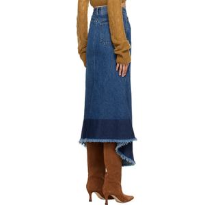 กระโปรงยีนส์วินเทจสำหรับผู้หญิง สีน้ำเงินตัดต่อสีต่างกัน ทรงเอ สมมาตร ชายรุ่ย ผ้าฝ้ายสั่งทำพิเศษ กระโปรงเดนิมยาวลำลองแบบมิดิ - Product Image 4
