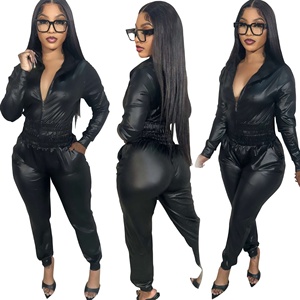 Ensemble <span class=keywords><strong>femme</strong></span> Designer <span class=keywords><strong>en</strong></span> similicuir à capuche, pantalon de <span class=keywords><strong>jogging</strong></span> court à capuche, fermeture éclair, vêtements de qualité pour <span class=keywords><strong>femme</strong></span>, hiver - Product Image 3