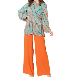 Плетеная 2023 Европейская и американская Женская модная плиссированная рубашка с рукавами-пузырьками с высокой талией и широкими брюками Костюм