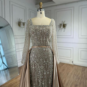 Robe de soirée élégante pour femme, nouvelle collection, couleur unie, col <span class=keywords><strong>carré</strong></span>, manches longues, <span class=keywords><strong>coupe</strong></span> ajustée, longue traîne, avec décorations de perles et de perles lourdes - Product Image 5