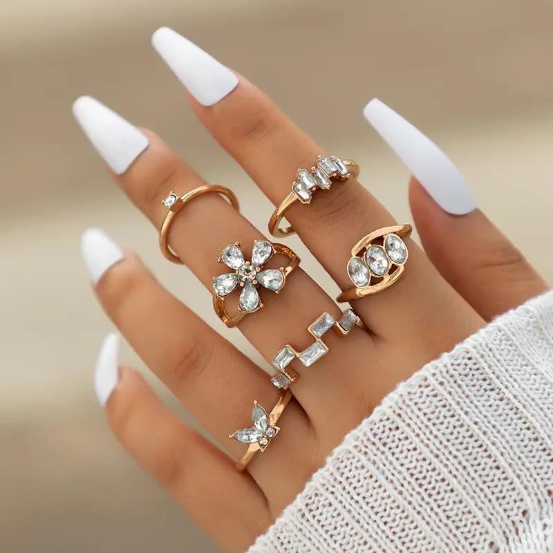Luxury Crystal Stone Flowers Joint Ring set Charms Color oro farfalla in metallo per donna uomo gioielli 6 pz/set Anillo