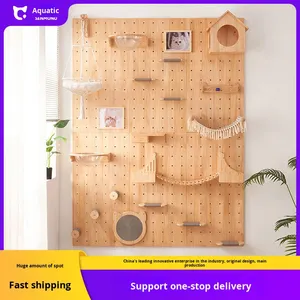 Struttura da Arrampicata per Gatti in Legno Massello Ecologico, Pannello Perforato da Parete Senza Fori, Casetta per Gatti Integrata con Mensola e Pedana da Salto - Product Image 2