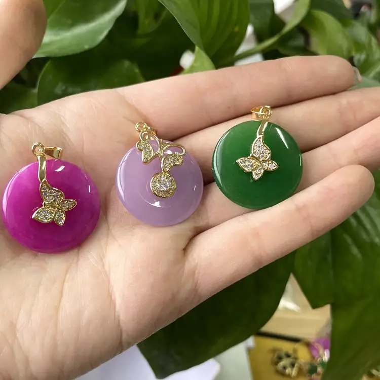 Jialin Jewelry Green pink purple butterfly necklace jade coin round pendant jade jewelry for women lucky charms Jewelry