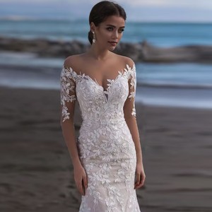 Wedding Dress Off The Shoulder Mermaid Silhouette Floral Lace Train Pure White Ivory Sweetheart Neckline Natural Waistline - Product Image 3