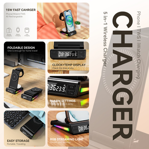 Accesorios de Viaje de Lujo con Luz RGB Plegable, Reloj, Pantalla de Temperatura, <span class=keywords><strong>Cargador</strong></span> Inalámbrico <span class=keywords><strong>5</strong></span> en 1 para iPhone 16 15 para <span class=keywords><strong>Samsung</strong></span> - Product Image 2