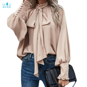 Blusa informal elegante con manga de burbuja y volantes para primavera y verano, camisa elegante con cuello redondo para mujer, <span class=keywords><strong>2022</strong></span> - Product Image 6