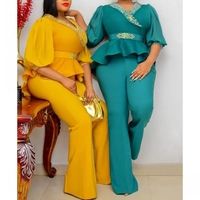 Conjunto de 2 Piezas de Ropa Africana para Mujer, Blusa de Manga Media con Volantes y Pantalones Acampanados de Cintura Alta, Elegante y Moderno