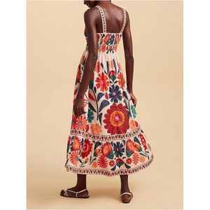 Robe longue élégante pour femme, style bohème, imprimé floral, sans manches, coupe trapèze, bretelles spaghetti, taille élastique, respirante, tissée - Product Image 2