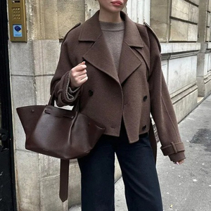 2026秋冬ファッション レースアップ ダブルブレスト 長袖ジャケット ハイストリートウェア レディース 無地 ショートトレンチコート - Product Image 2