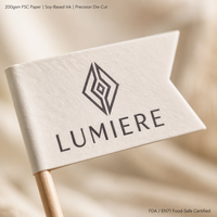 Drapeau alimentaire en papier personnalisé avec logo, silhouette découpée sur mesure |   Impression numérique standard pour les organisateurs de mariages et les concepteurs d'événements
