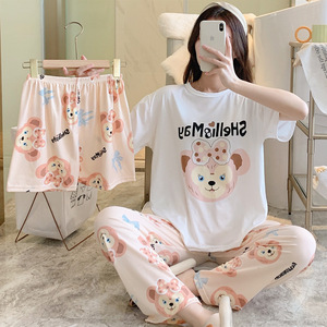 Camiseta de Verano de Alta Calidad, Delgada, Cómoda, de Manga Corta, Transpirable, con Cuello Redondo, Pijama de Verano con Dibujos Animados, Conjunto de Tres Piezas - Product Image 1
