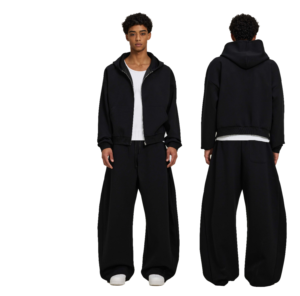 Conjunto de chándal de forro polar negro extragrande para hombre, con sudadera con capucha y cremallera, pantalones de chándal de pierna ancha, estilo urbano, personalizado, en blanco, para proveedor - Product Image 1