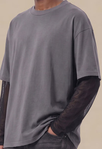 Camiseta Oversize 2 en <span class=keywords><strong>1</strong></span> para Hombre, Manga Larga de Malla, Hombro Caído, Estilo Urbano, Lisa para Estampar, 100% Algodón, Negro Carbón - Product Image 4
