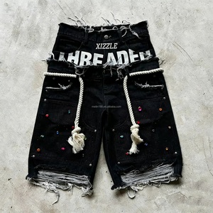 Custom Print Crystal logo Summer Wear Denim Jorts Shorts for <b>Men</b> Distress Baggy Vintage Double Waist <b>Jeans</b> Shorts - Product Image 1