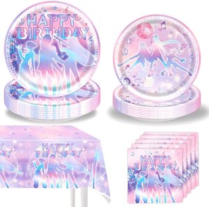 Juego de Platos y Servilletas <span class=keywords><strong>para</strong></span> Fiesta de Cazadores de Demonios, Platos y Servilletas Rosas y Morados con Notas Musicales <span class=keywords><strong>para</strong></span> Cumpleaños de Niña Mágica - Product Image 1