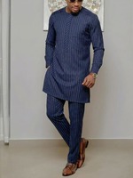 Setelan Pria Afrika Tradisional Klasik Dua Potong Bahan Poliester Lengan Panjang Kerah Bulat Model Fashion Solid Splicing Kemeja Celana Pakaian Kasual