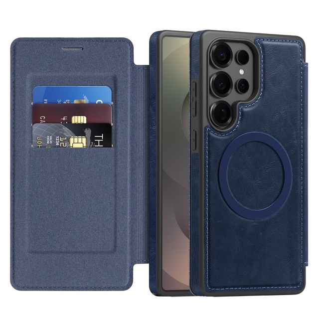 Luxury PU Leather Magnetic Ring Flip Card Wireless Charging Card Holder Wallet Back Cover for Samsung Galaxy Business Phone Case