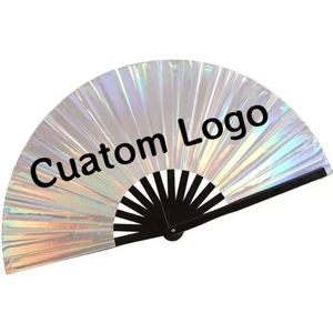 Abanico de Mano Plegable de Bambú con Diseño de Impresión de Logotipo Personalizable en Plata Láser PVC - Product Image 1