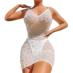 Mini robe de soirée Sexy avec perles pour femmes, tenue d'été sans bretelles, dos nu, ajourée, transparente