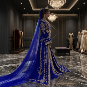 Elegant Blue Embroidered Polyester Loose Eco-Friendly All Seasons <b>Wedding</b> Dress Floor Length V Neck <b>Long</b> Sleeve Asymmetrical Hem - Product Image 3