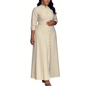 เดรสยาวคอตั้งติดกระดุมสำหรับผู้หญิง - ชุดเดรสออกงานสไตล์วินเทจแฟชั่น - Product Image 2