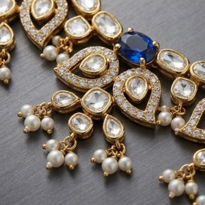Traditional Blue Stone Kundan Necklace Gold Bridal Jewelry with Earrings Diamond Accents for Women Wedding Jewelry - Product Image 4