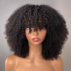 Short Afro Kinky Curly Bob Wig With Bang Human Hair Full Machine Made Wig Scalp Remy Indian Hair Wigs for American Black women