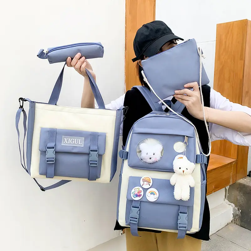 日本ハルク大学生スクールバッグ5ピースセットバックパックキャンバススクールバッグバックパック巾着ポケットハンドバッグペンシルバッグ