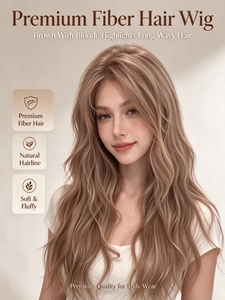 Peluca de Fibra con Reflejos Rubios Marrones, Larga y Ondulada, Sintética, con Línea de Cabello Natural, Suave y Voluminosa para Uso Diario - Product Image 1