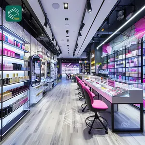Luxury Interior Design Cosmetics Display Counter Perfume Bar Counter Pink Wig Display Retail Beauty