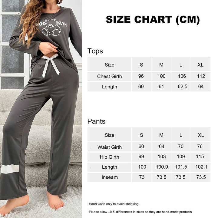 XYKrissas Spring Autumn Ladies Sleepwear Sets Cute Brooklyn Bear Pattern Homewear Pajamas Sets For Women
