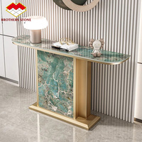 Table console moderne en pierre frittée, table console simple, plateau long décoratif en marbre, base en métal noir et or pour salon