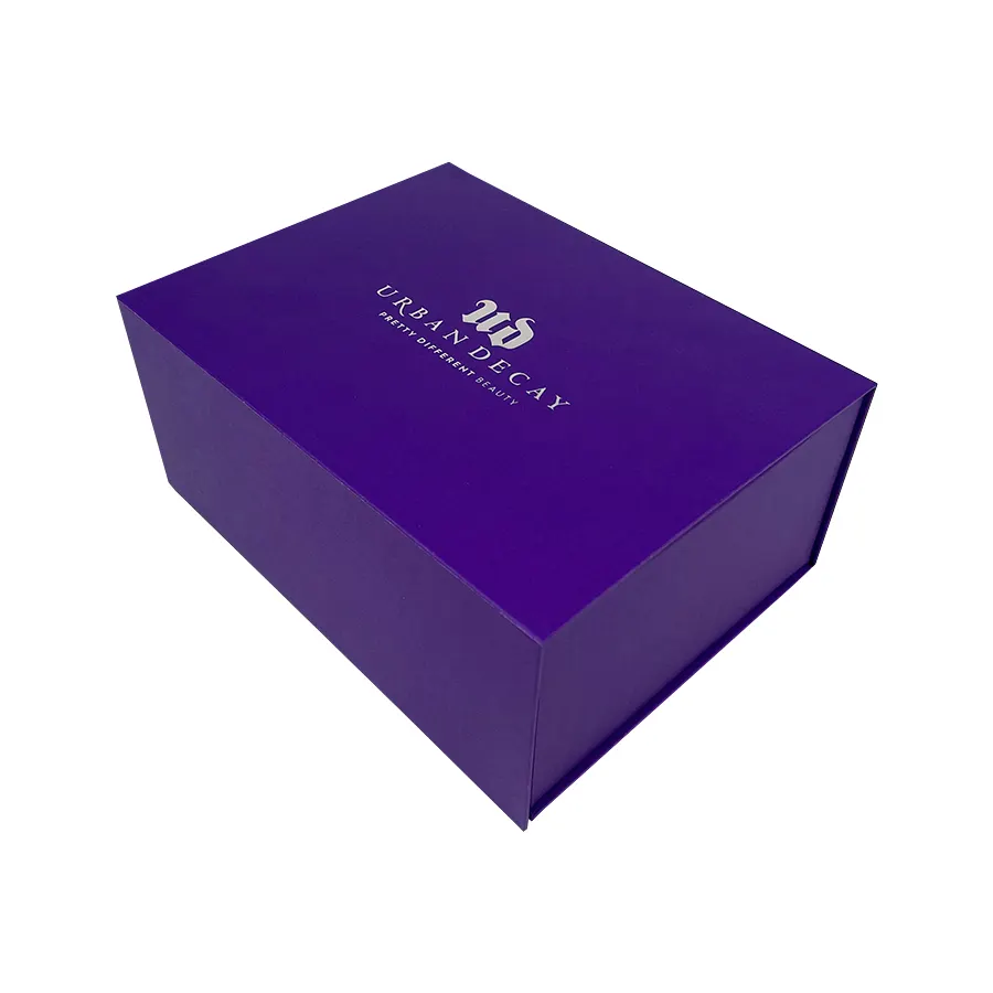 Customized Package Cardboard Hard Box Silver Foil Stamping Purple Magnetic Luxury Book Type Gift Box With Tissue Paper
