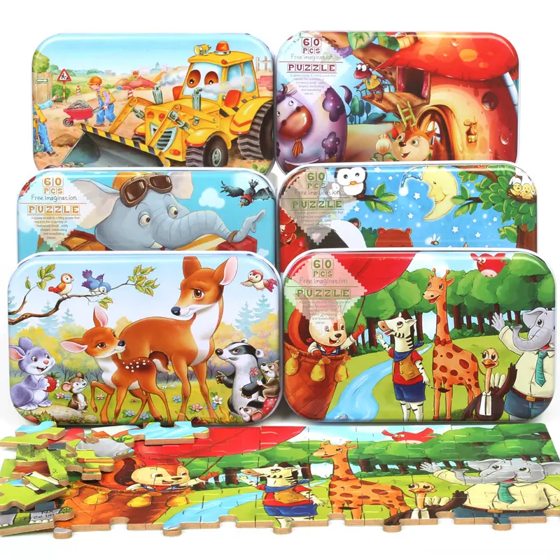 Education kids toys jigsaw 60 pieces animal jigsaw puzzle for kids in metal box jigsaw puzzle wholesale