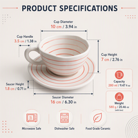 Ensemble tasse à café et soucoupe en céramique rayée rouge peinte à la main, 280 ml, tasse ondulée irrégulière pour latte, thé, vaisselle de table pour la maison et le café