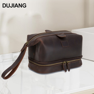 Genuine Leather <b>Toiletry</b> Bag Rectangle Brown Soft Handle Solid Color Men's Clutch <b>Storage</b> Bag Everyday Use - Product Image 3