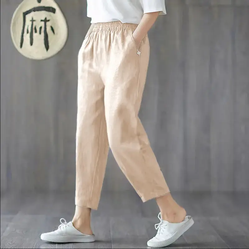 Women Pants Ankle-length Pants Loose casual Harem Cotton and Linen elastic waist trousers Solid color leisure custom Linen Pants