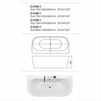 Baignoire compacte en acrylique de 1300 mm à poser contre le mur pour petits espaces, avec un intérieur ovale, des côtés coniques et un drain central
